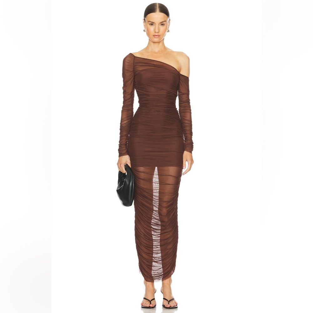 SER.O.YA  Chantae Mesh Dress in Coconut  Elegant Brown Off-Shoulder Dress